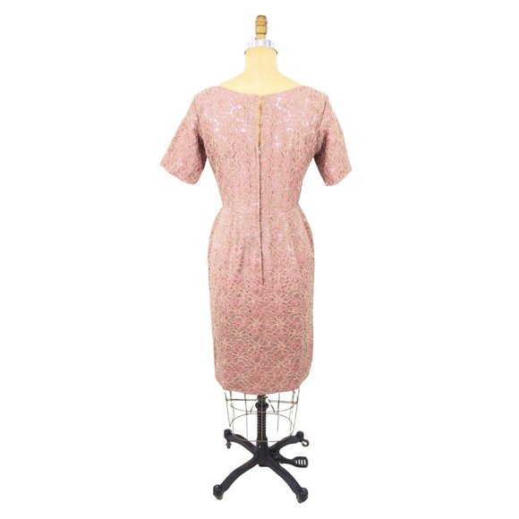 Vintage 50s Lace Cocktail Dress Tan Pink Soutache Sheath | W 26" - Picture 5 of 5